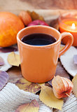 Orange coffee cup on the autumn fall leaves