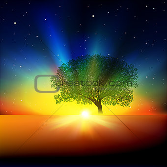 abstract background with tree sunrise and stars