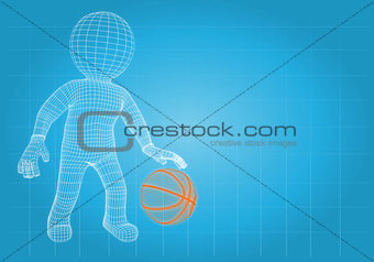 Wire frame basketball player with the ball