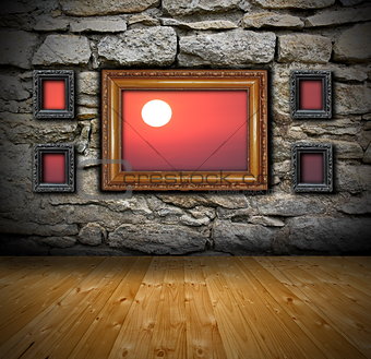 grunge interior with abstract view to sunset