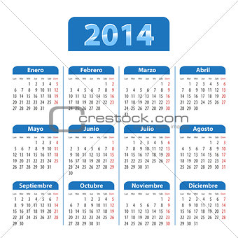 Blue glossy calendar for 2014 year in Spanish