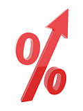 Red percentage symbol with an arrow up. Vector illustration.