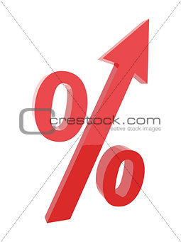 Red percentage symbol with an arrow up. Vector illustration.