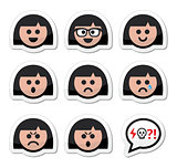 Girl or woman faces, avatar vector icons set