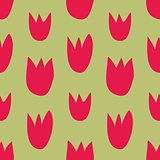 Seamless vector floral pattern with hand drawn red tulips on fresh spring green background.