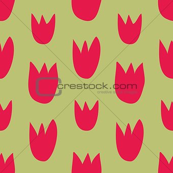 Seamless vector floral pattern with hand drawn red tulips on fresh spring green background.