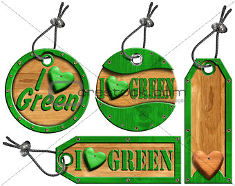 I Love Green Wooden Tags - 4 items
