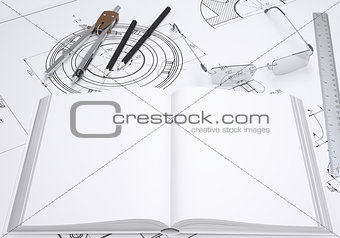 Book, glasses, ruler, compass and pencil
