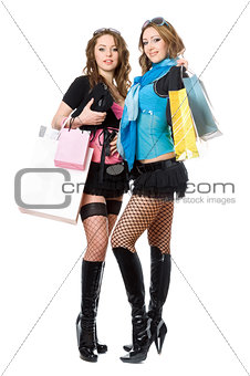 Two beautiful young women after shopping