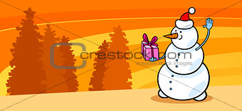 Snowman Santa with gift cartoon card