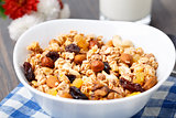 Healthy muesli breakfast with huts and raisin