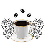 Cup of coffee isolated with floral design elements and coffee be