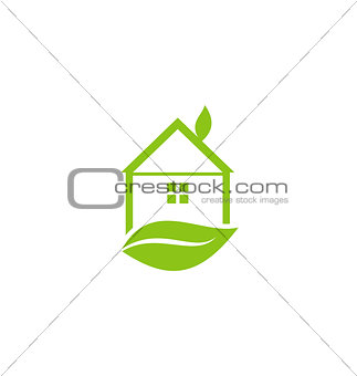 Icon green house with leaf isolated on white background