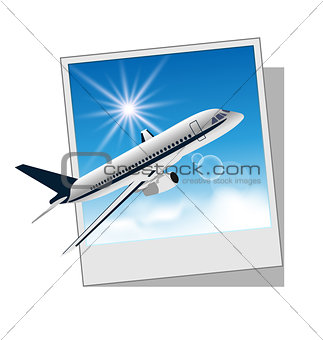 Photo frame with plane isolated on white background