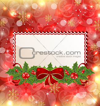 Christmas elegant card with mistletoe and bow