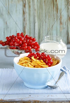 healthy breakfast granola corn with red currant (in blue bowl)