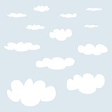 White vector clouds on light blue sky background set