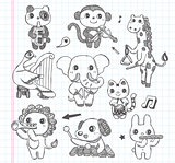 doodle animal music band icons set