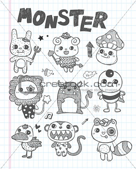 doodle cute monster icons