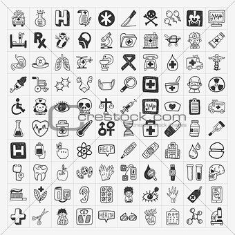 100 doodle Medical icons set