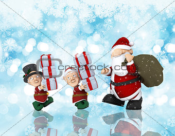 Christmas background with Santa and his helpers