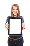 Attractive young woman showing blank tablet screen