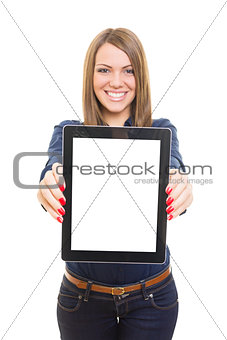Attractive young woman showing blank tablet screen