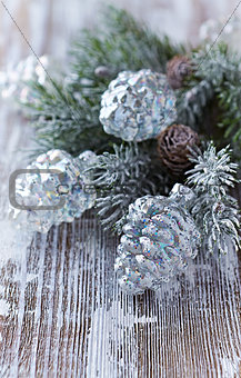 Glass ornaments and spruce branch