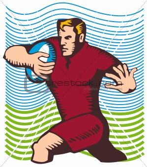 Rugby player running for a try woodcut style