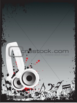 headphone and musical notes with a grunge border
