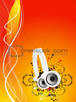 Musical headphones on flame background