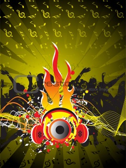 stereo headphone on grunge musical party background