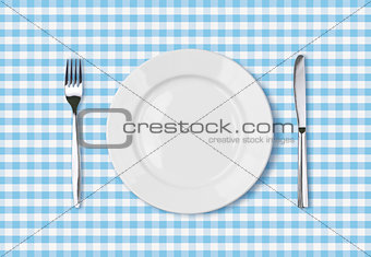 empty dinner plate top view on blue picnic table cloth