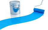 strip of blue paint and roller with metal canister