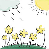 Vector flowers, sun and cloud. Imitation of children's drawings