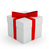 White Gift Box with Red Ribbon and Bow on the White Background