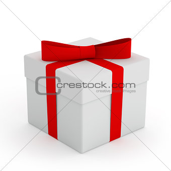 White Gift Box with Red Ribbon and Bow on the White Background
