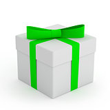 White Gift Box with Green Ribbon and Bow on the White Background