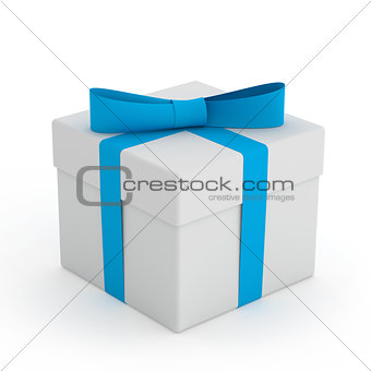 White Gift Box with Blue Ribbon and Bow on the White Background