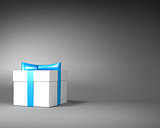 White Gift Box with Blue Ribbon and Bow on the Gray Background