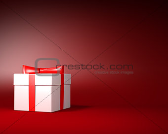 White Gift Box with Red Ribbon and Bow on the Red Background