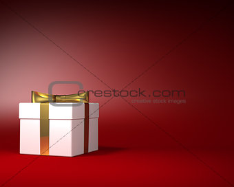 White Gift Box with Gold Ribbon and Bow on the Red Background