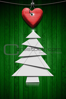 Stylized Christmas Tree on Green Wood Background