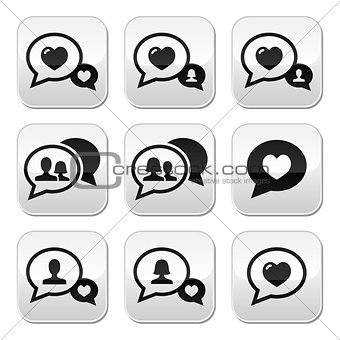 Love speech bubbles, couples vector buttons set