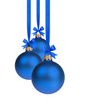 composition from three blue christmas balls hanging on ribbon