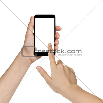 female teen hands using mobile phone with white screen