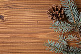 blue spruce twig on wooden plank