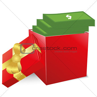 Concept of bonus. Red box with gold bow full of money.