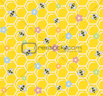 Bee on honeycomb. Seamless pattern.