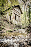 Creek in forest with old house